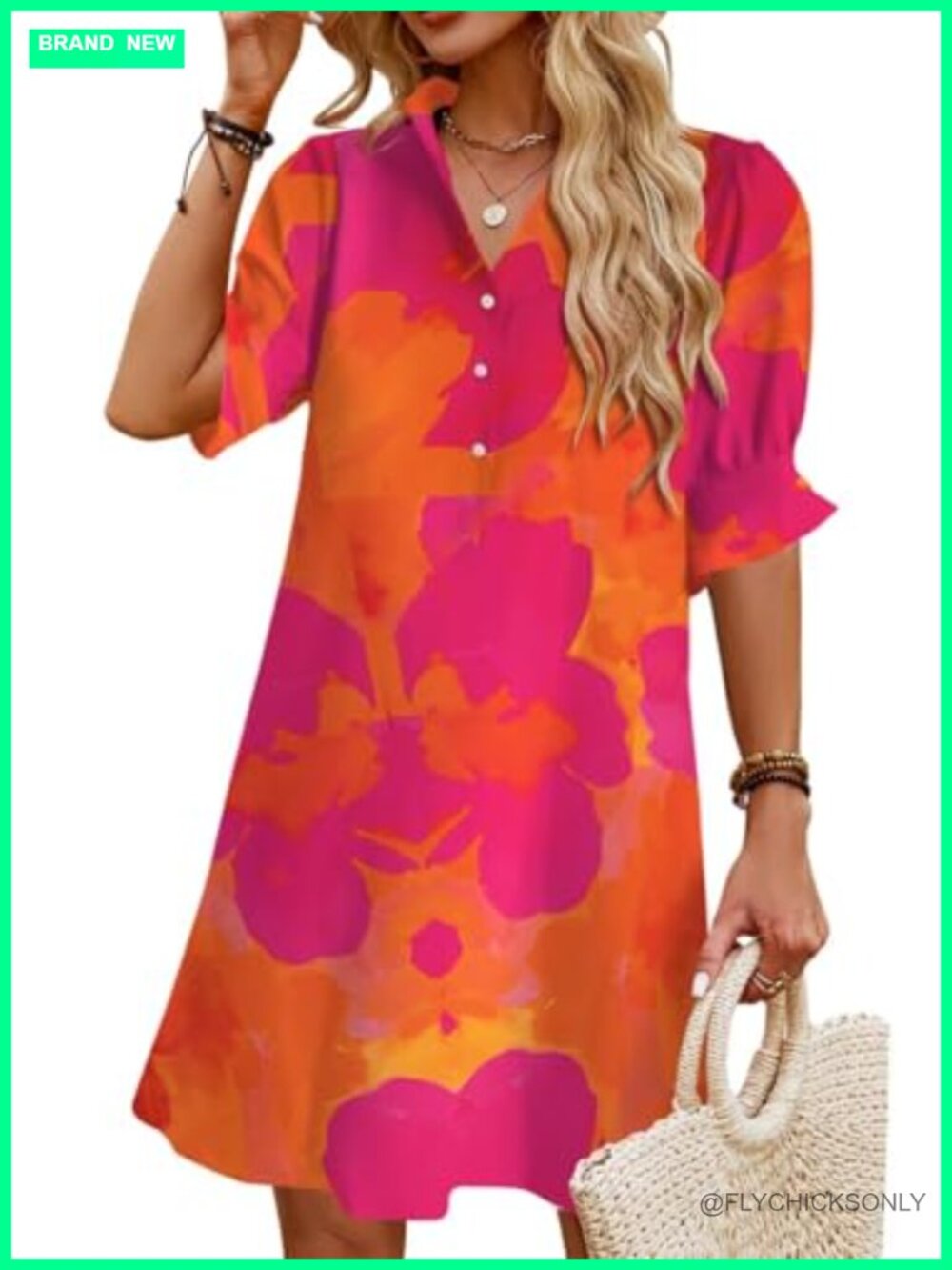 Women's Flowy Shift Dress with Pockets - Ruffle Short Sleeve, V-Neck, Button